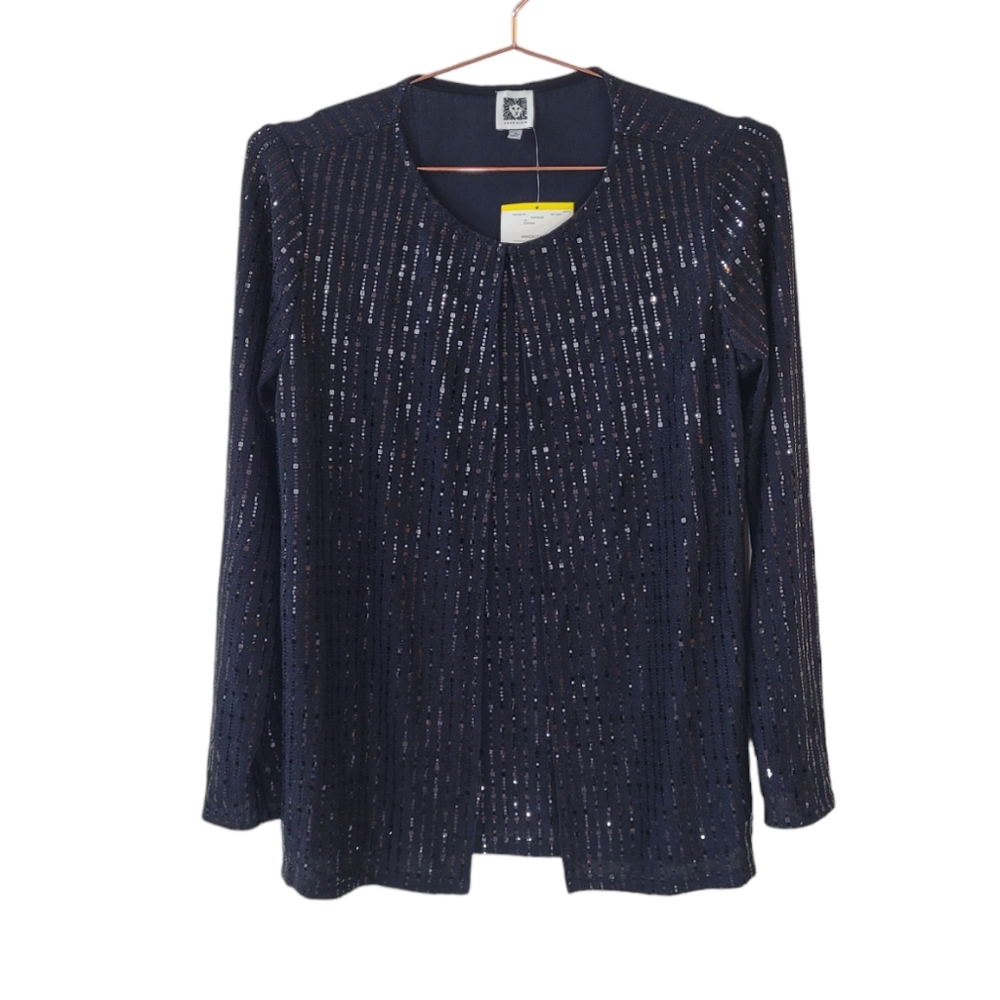 ANNE KLEIN Black Sequin Long Sleeve Cardigan Style Tank Top Size M